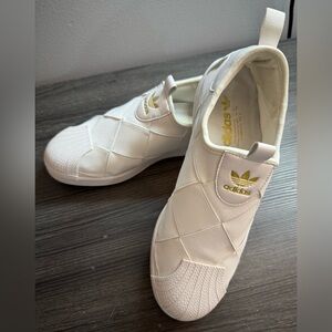 Adidas Quilted White and Gold Slip-On Shoes